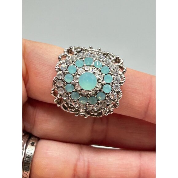Blue Opalescent Rhinestones Ring Adjustable Silver Tone Wide Statement Jewelry - Picture 4 of 8